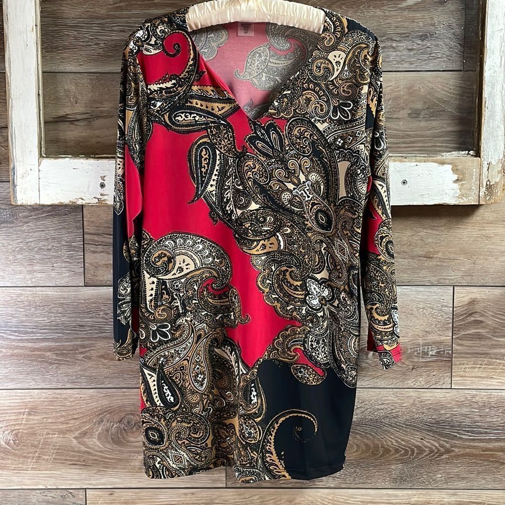 Alia Womans Red Black Tan Paisley Tunic Top Blouse Size Small Petite